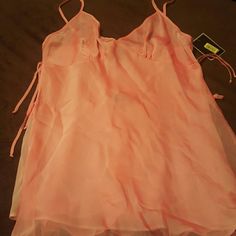 Peach Colored Sheer Layered Nightie W/Matching Panties Pink Coquette Camisole For Summer, Pink Sheer Beach Tops, Pink Camisole For Summer Nights, Pink Summer Night Tops, Pink Summer Night Camisole, Pink Sheer Cami Top, Pink Sheer Camisole Top, Flirty Sheer Summer Sleepwear, Flirty Sheer Sleepwear For Summer