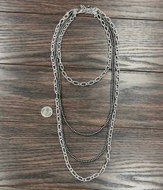 4-strand Navajo Bead Necklace * 4-strand (16", 26", 30", 34" long) necklace & 5" extender 16" & 34" long, large chain necklaces 26" & 30" long, 4mm navajo bead necklaces 95 grams weight Nickel, Lead & Chrome free not authentic Paperclip Jewelry, Jewlery Earrings, Navajo Necklace, Bead Necklaces, Chain Necklaces, Top Graphic Tees, Kids Jewelry, Accessories Necklace, Paper Clip