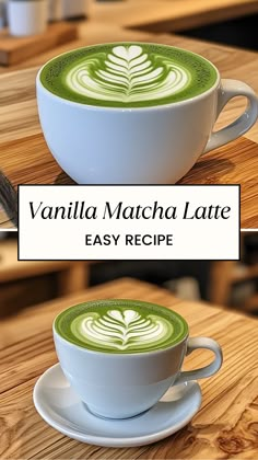 there is a green and white coffee cup with the words vanilla matcha latte on it