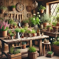 a room filled with lots of potted plants next to a wooden table covered in pots