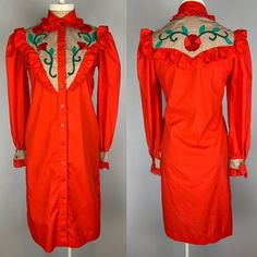 "Vintage Red Cowgirl Maxi Shift Dress with Embroidered Red Roses. Ruffled yoke, collar and sleeves. 100% cotton Made by Salaminder, Kansas City Size 4 Pockets All original buttons  Great condition. Vibrant colors. 34\" Bust 32\" waist  36\" hips  42-1/2\" from collar fold to hem" Red Vintage Dress With Floral Embroidery, Maxi Shift Dress, Rose Maxi Dress, Vintage Cowgirl, Western Boho, Country Western, Red Rose, Dress Clothes For Women, Kansas City