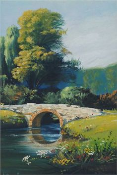 a painting of a stone bridge over a river with trees in the background and flowers on the bank