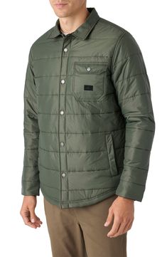 This quilted shirt jacket with rugged twill on the reverse gives you two outerwear options as the temps begin to drop. 30" length Front snap closure Snap cuffs Front welt pockets; chest snap-flap patch pocket Lined, with 100% polyester fill 100% polyester Machine wash, tumble dry Made in China Casual Solid Quilted Jacket With Pockets, Casual Quilted Jacket With Button Closure For Outdoor, Casual Quilted Jacket For Cold Weather, Casual Quilted Jacket With Button Closure For Cold Weather, Casual Quilted Jacket With Pockets For Outdoor, Casual Outdoor Quilted Jacket With Button Closure, Rugged Outdoor Shacket With Pockets, Outdoor Single-breasted Button-up Utility Jacket, Khaki Long Sleeve Utility Jacket, Windproof