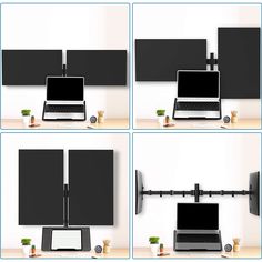 four different views of a desk with a laptop and monitor mounted on the back wall