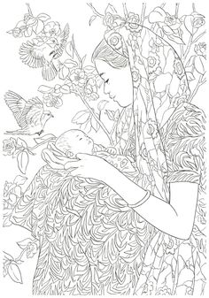 a woman holding a baby in her arms surrounded by flowers and birds coloring page for adults