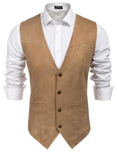 PRICES MAY VARY. HIGH QUALITY-This Men's Cowhide Suede Vest ,high quality fabric blend made; Soft, elastic resistant washing and durability. DESIGN- Men's Leather Vest ,Authentic western style leather vest, with well make, design perfect details ,front have four Button Closures and two real welt pockets. This Suede Satin Vest ,suitable for work,party,ball,wedding,date,daily look ，rider......from working the ranch to working a cocktail party! Men's waistcoat vest can match with dress shirt, jacke