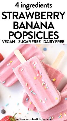 strawberry banana popsicles with sprinkles on top and the text 4 ingredients