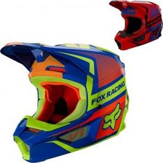 the fox racing helmet is designed to look like it has been painted red, yellow and blue