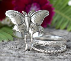 "Luna Moth Ring Set details: -Solid .925 sterling silver -Luna Moth measures approx. 25x25mm(wing span), Double Stacked ring band measures 3mm wide -1.2mm Beaded stack ring -3mm wide Boho Floral Pattern band -Comfortable and easily stackable! -Available in US sizes 1-11 with half sizes. *Single Luna Moth Ring shown here: https://www.etsy.com/listing/816428196/luna-moth-ring-moth-ring-sterling-silver?ref=shop_home_active_1&frs=1 Looking for a last minute or unique Christmas gift? Visit our \" Nickel-free Sterling Silver Butterfly Ring, Unique Nickel-free Sterling Silver Butterfly Ring, Unique Sterling Silver Nickel-free Butterfly Ring, Unique Butterfly Sterling Silver Ring, Silver Whimsical Rings For Gifts, Unique Sterling Silver Butterfly Ring, Whimsical Silver Rings For Gifts, Silver Butterfly Ring For Wedding, Sterling Silver Butterfly Ring For Wedding