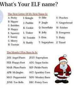 a christmas card with an image of santa claus and presents on the front, which reads what is your elf name?