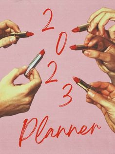 four hands holding pens and writing the year 2012 to 2013 on a pink background with red lettering