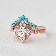 Moissanite & Turquoise Vintage Inspired Ring Set 2pcs - Felicegals Vintage Halo Ring, Halo Ring Set, American Diamond Ring, Halo Ring Setting, Rose Gold Ring Set, Vintage Inspired Engagement Rings, Vintage Halo, Vintage Inspired Rings, Moissanite Bridal Sets