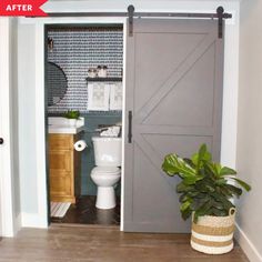 a bathroom with a potted plant next to the toilet and sliding barn door in it