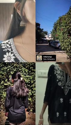 four different pictures of the same woman's head and neck, including an earring