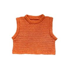 tangerine sweater vest. features a folded collar, made in the squishiest orange yarn materials: baby alpaca, merino size: fits sizes XS-L, shown on size M. please refer to the measurements below before purchasing flat lay measurements: body length: 33cm body width: 45cm armpit width: 21cm neckline width: 22cm all garments have a little give and stretch unless stated otherwise Fitted Knitted Orange Top, Fitted Orange Knitted Tops, Winter Orange Sleeveless Vest, Orange Sleeveless Winter Vest, Fitted Orange Knit Sweater, Orange Sleeveless Top For Winter, Fitted Casual Orange Vest, Casual Fitted Orange Vest, Fitted Orange Casual Vest