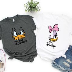 Couples Park Shirts, Matching Shirts, His Daisy Shirt, Her Donald Shirt, Donald And Daisy Shirts Matching Disney Shirts For Couples, Couple Shirts Relationships, Disney Couple Outfits, Couples Disney Shirts, Couple Disney, Donald And Daisy, Disney Bound Outfits Casual, Daisy Shirt, Disney Fits