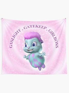 a pink and blue wall hanging with a cartoon character in the center that says, caught, caterker, garbloss