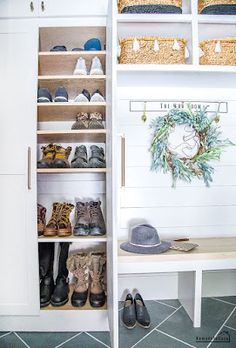 shoes and hats are on shelves in the closet