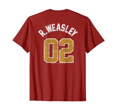 a red t - shirt with the words r weasely 02 on it's chest