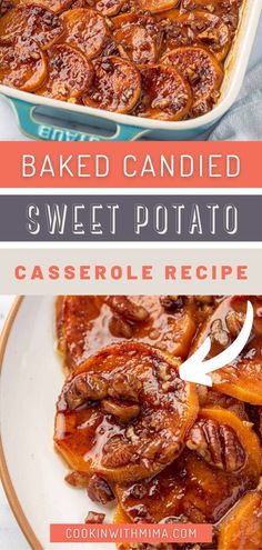 baked candied sweet potato casserole recipe on a plate with text overlay