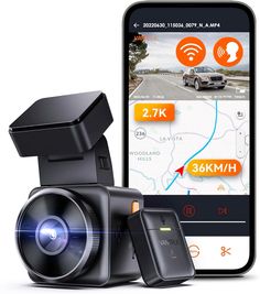 the dash camera is next to an iphone and car gps app on a white background