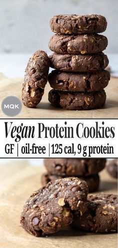 chocolate cookies stacked on top of each other with the words vegan protein cookies gf