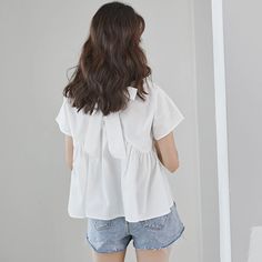 Olivia Mark - Puffed Short Sleeve Blouse with Cinched Waist, Round Neck, and Bow Detail Casual Puff Sleeve Blouse In Solid Color, Casual Puff Sleeve Solid Color Blouse, White Casual Padded Blouse, Casual White Padded Blouse, Bow Shorts, Shoulder Crop Top, Japan Fashion, Blouse Patterns, Neck Pattern