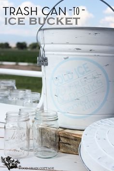 some jars are sitting on a table with the words trash can - to ice bucket