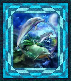 two dolphins are swimming in the ocean with blue and green quilting on it's sides