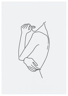 a black and white line drawing of a woman's arm with her hand on her shoulder