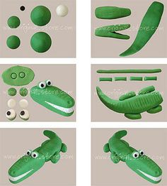 the instructions for making felt alligators are shown in four different positions, including one with eyes and two without