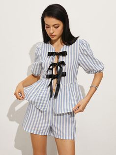 Tie-Front Stripe Shorts Set Home Vacation, Stripe Shorts, Bow Style, Long Midi Dress, Outerwear Outfit, Green Coat, Swimwear Outfit, Outerwear Coats, Style Elegant