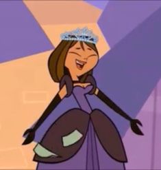 a cartoon character wearing a tiara and holding her arms out to the side with one hand