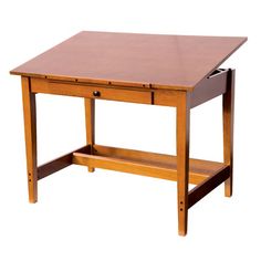 a small wooden desk with one drawer open