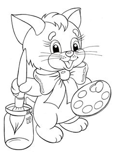 a cartoon cat with a paintbrush and an egg in it's paws coloring page