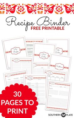 printable recipe binder with the text 30 pages to print in red and orange