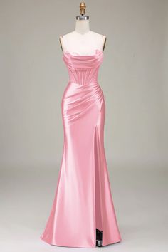 Spaghetti Strap Bridesmaid Dress For Prom Season, Pink Strapless Floor-length Dress For Formal Occasions, Formal Spaghetti Strap Gown For Prom, Formal Spaghetti Straps Gown For Prom Season, Formal Gown With Spaghetti Straps For Prom, Formal Gown With Spaghetti Straps For Prom Season, Spaghetti Strap Evening Dress For Prom, Sweetheart Neckline Strapless Dress For Banquet, Strapless Sweetheart Neckline Dress With Corset Back For Banquet