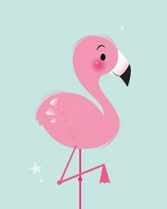 a pink flamingo standing on one leg with stars around it's neck and eyes closed