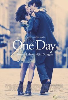 the movie poster for one day with two people kissing each other and an image of a man