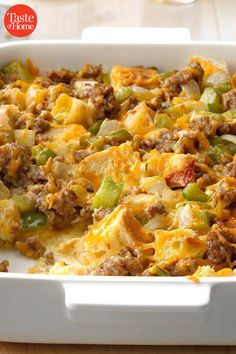 a casserole dish with meat, cheese and vegetables