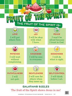 the fruit of the spirit poster for children's church bulletins, with pictures of fruits