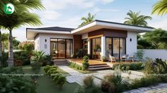 this is a computer rendering of a modern house in the tropical style with palm trees and landscaping