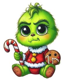 a green teddy bear holding a candy cane and wearing a christmas outfit with big eyes