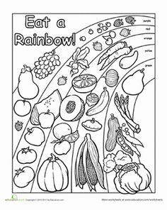 a coloring page with the words eat a rainbow on it and fruits and vegetables below