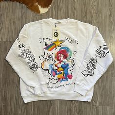 Limited Edition Fewocious Nft Artist Collaboration For Madhappy Super Soft White Fleece Crewneck Sweatshirt With All Over Hand Painted Print Design By Fewocious Size M Oversized Fit Matching Shorts Available Dear World, Artist Collaboration, White Fleece, Paint Print, Sweaters Crewneck, Casual Clothing, Soft White, Oversized Fits, Crewneck Sweatshirt