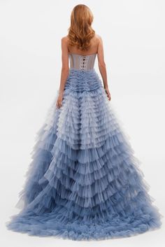 Light Blue Strapless Frill-Layered Fluffy Dress ➤➤ Milla Dresses - USA, Worldwide delivery Transparent Corset, Midi Tulle Dress, Layered Tulle Dress, Milla Dresses, Fluffy Dress, Sheer Sleeve Dress, Sky Blue Dress, Dress Weights, Tulle Evening Dress