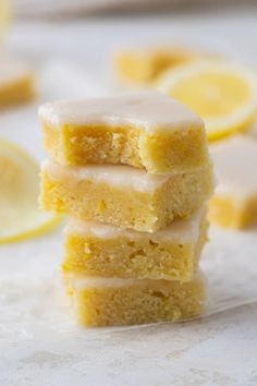 three lemon bars stacked on top of each other