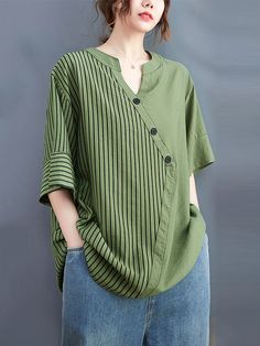 SkuCY-!102748Material>70%Cotton StyleLoose , Short Sleeves FeatureStriped , Asymmetric NecklineV-neck OccasionCasual , Urban , Simple SeasonsSummer TypeBlouses ColorBLACK,GREEN,WHITESizeOne_size Please consult the size chart we provide for this item's measurements to help you decide which size to buy.Please note: There may be 1-3cm differ due to manual measurement.CMINCHBustShoulderSleeveLengthOne_size130502872 Striped Tops, Striped Tops Women, Half Sleeve Blouse, Green Blouse, V Neck Blouse, Classic White, Cotton Tops, Plus Size Tops, Printed Blouse