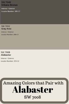 the color scheme for an interior and exterior painting project, with text that reads amazing colors that pair with abaster sw 7008