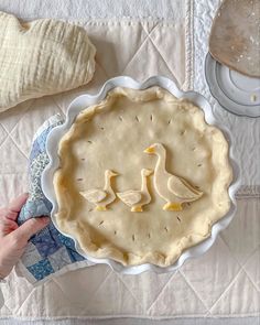 a person holding a pie with two birds on it